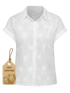 Hot Retro Stage 1950s Cotton Embroidery Flower Lapel Blouse White