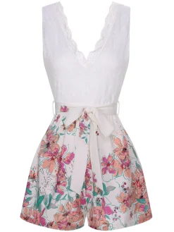 New Retro Stage 1940s Cotton Floral Lace V-Neck Romper White