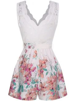 New Retro Stage 1940s Cotton Floral Lace V-Neck Romper White