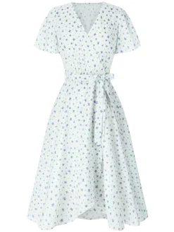 Discount Retro Stage 1940s Cotton Slanted Tie Floral Dress White