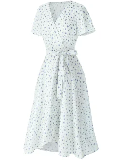 Discount Retro Stage 1940s Cotton Slanted Tie Floral Dress White