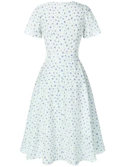 Discount Retro Stage 1940s Cotton Slanted Tie Floral Dress White