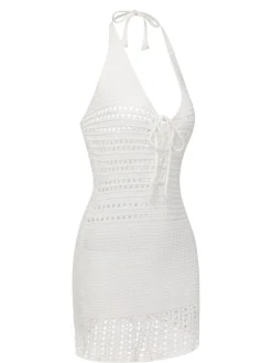 Discount Retro Stage 1960s Cross Lacing Crochet Dress White