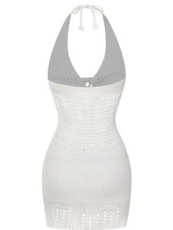 Discount Retro Stage 1960s Cross Lacing Crochet Dress White