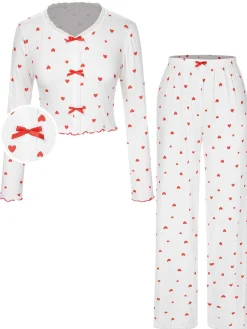 Fashion Retro Stage White 1970s Curled Heart Bow Long Sleeve Pajamas White & Red