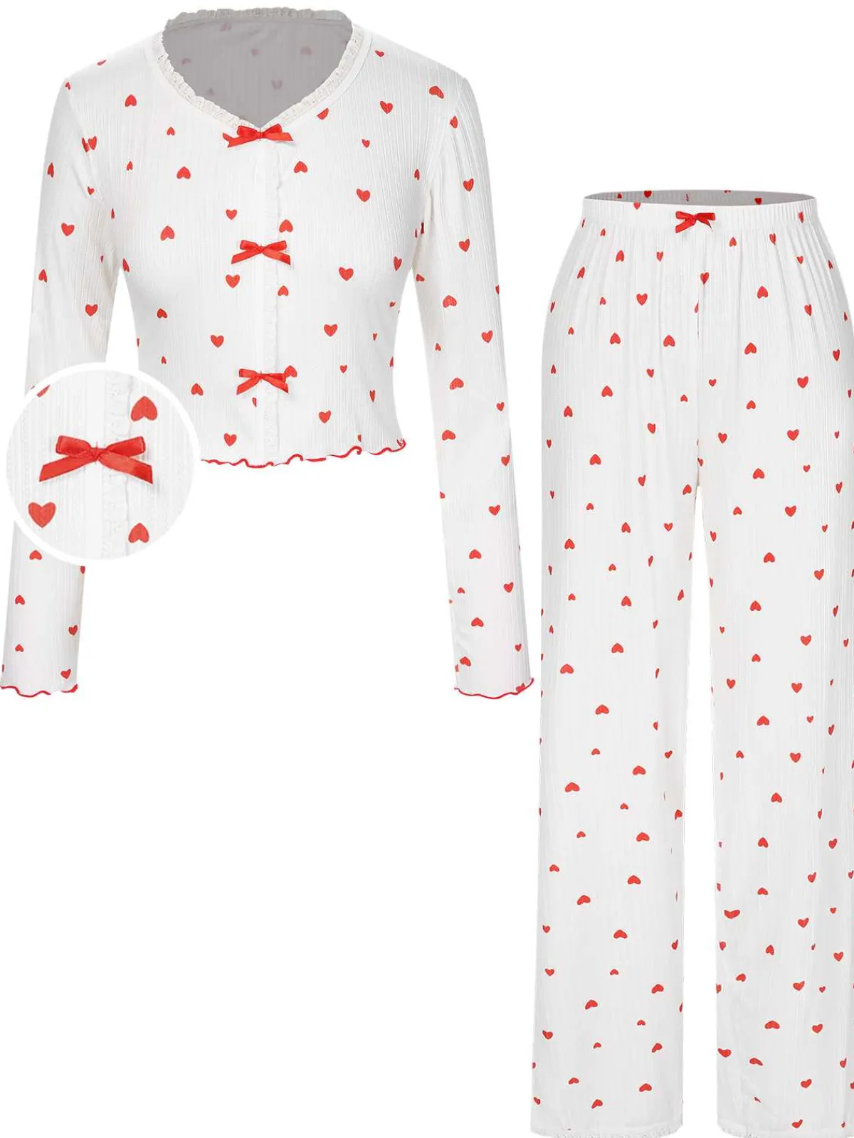 Fashion Retro Stage White 1970s Curled Heart Bow Long Sleeve Pajamas White & Red