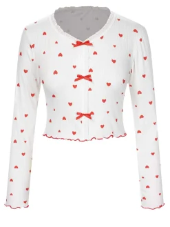 Fashion Retro Stage White 1970s Curled Heart Bow Long Sleeve Pajamas White & Red