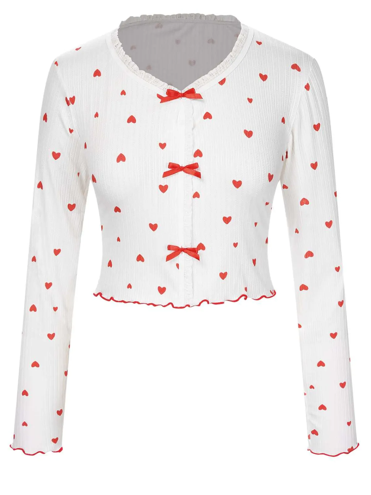 Fashion Retro Stage White 1970s Curled Heart Bow Long Sleeve Pajamas White & Red