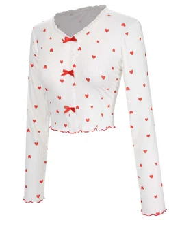 Fashion Retro Stage White 1970s Curled Heart Bow Long Sleeve Pajamas White & Red