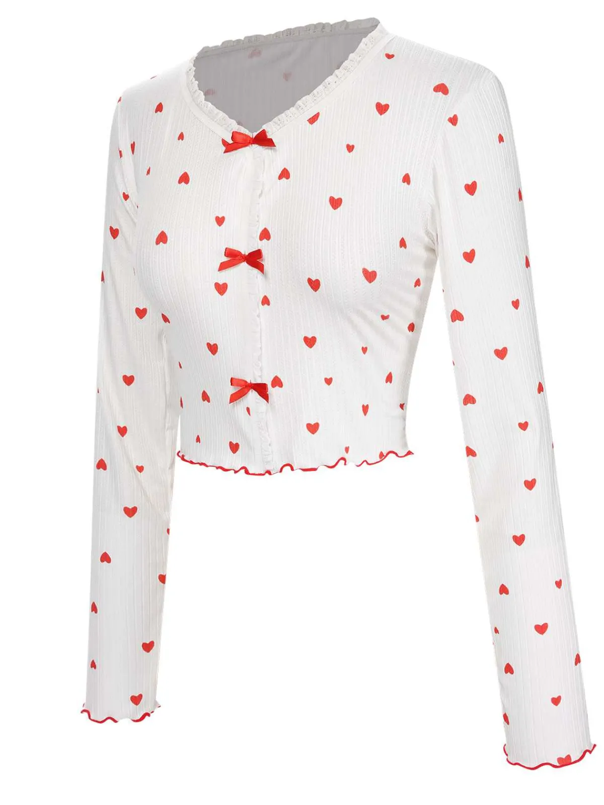 Fashion Retro Stage White 1970s Curled Heart Bow Long Sleeve Pajamas White & Red