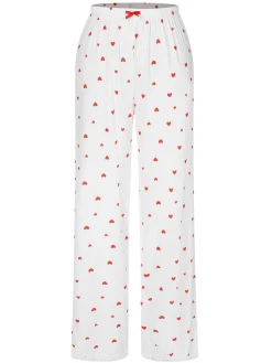 Fashion Retro Stage White 1970s Curled Heart Bow Long Sleeve Pajamas White & Red