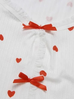Fashion Retro Stage White 1970s Curled Heart Bow Long Sleeve Pajamas White & Red