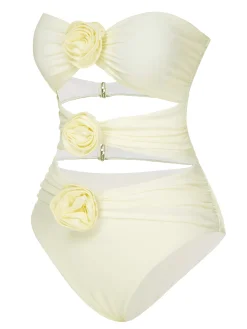 New Retro Stage 1930S 3D Flowers Hollow Bandeau Swimsuit White