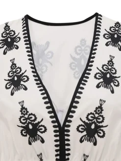 Online Retro Stage 1970s Deep V Boho Floral Dress White