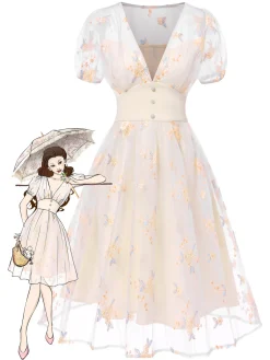 Clearance Retro Stage 1950s Deep V-Neck Embroidered Floral Dress White