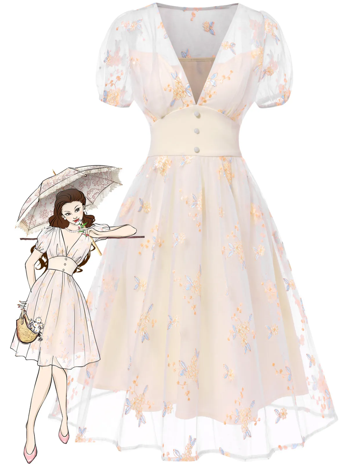 Clearance Retro Stage 1950s Deep V-Neck Embroidered Floral Dress White