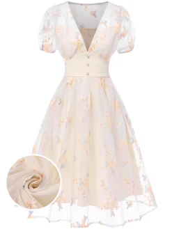 Clearance Retro Stage 1950s Deep V-Neck Embroidered Floral Dress White