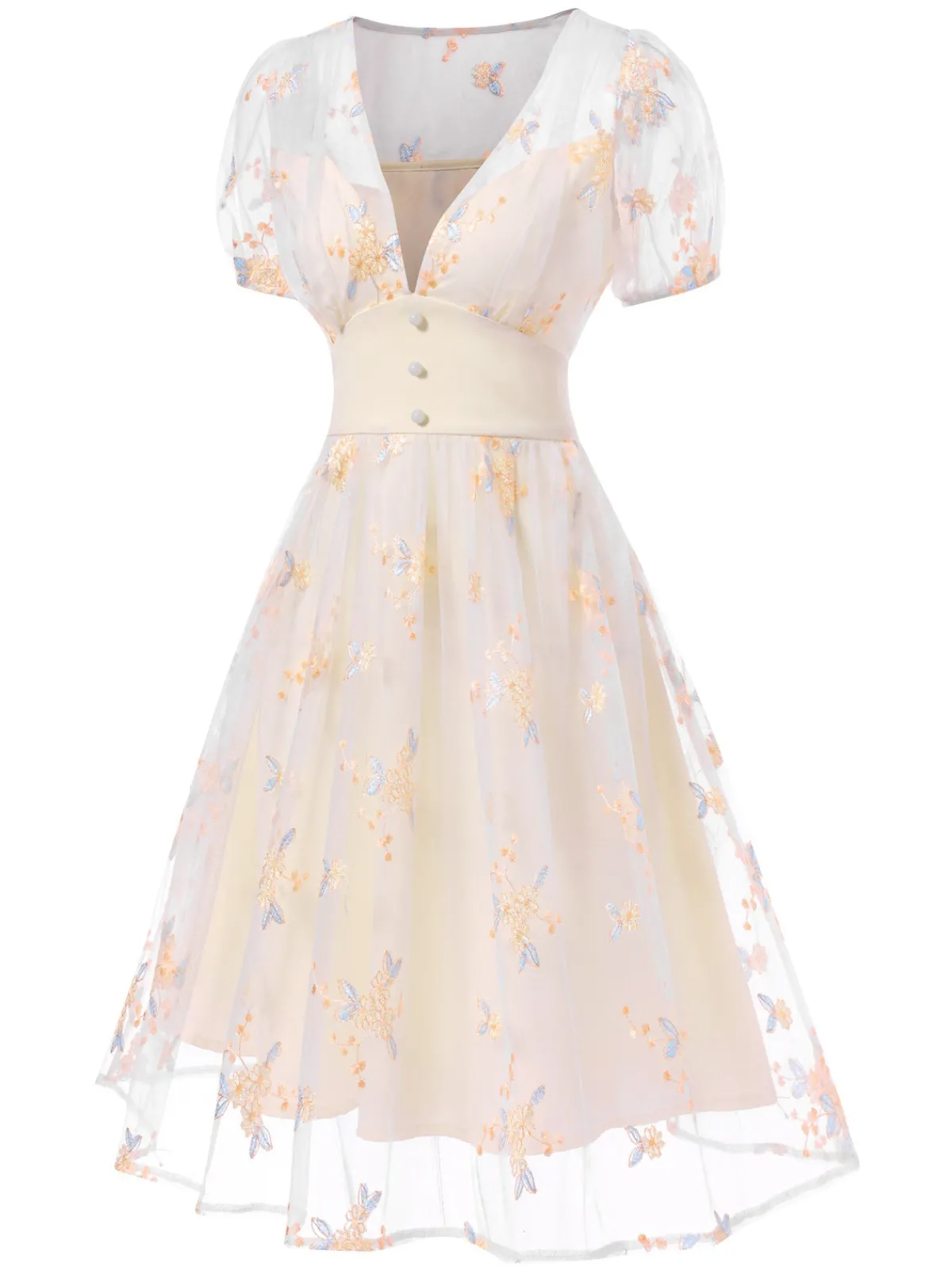 Clearance Retro Stage 1950s Deep V-Neck Embroidered Floral Dress White
