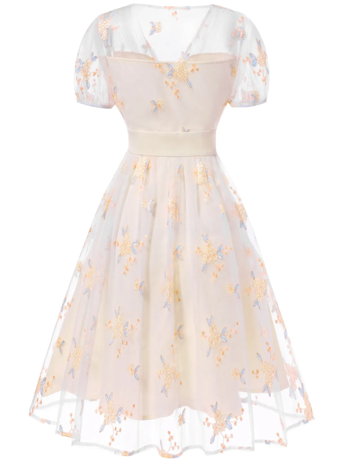 Clearance Retro Stage 1950s Deep V-Neck Embroidered Floral Dress White