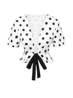 Sale Retro Stage 1950s Deep V-Neck Polka Dots Top White