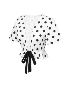 Sale Retro Stage 1950s Deep V-Neck Polka Dots Top White
