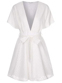 Sale Retro Stage 1950s Deep V-Neck Textured Belted Romper White