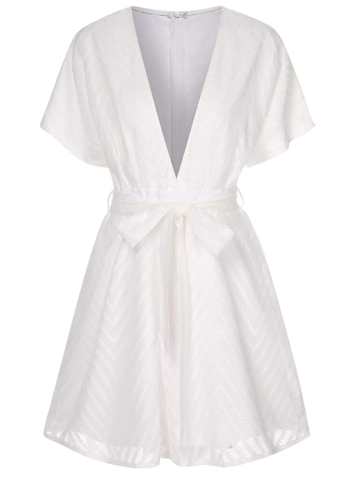 Sale Retro Stage 1950s Deep V-Neck Textured Belted Romper White