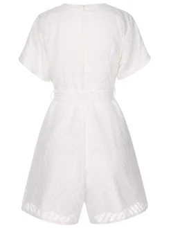 Sale Retro Stage 1950s Deep V-Neck Textured Belted Romper White