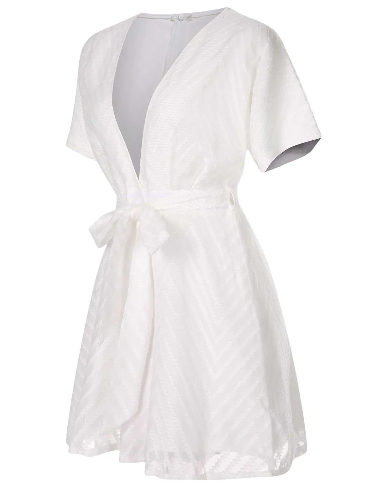 Sale Retro Stage 1950s Deep V-Neck Textured Belted Romper White