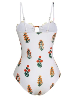 Sale Retro Stage 1960s 3D-Flower Spaghetti Straps One-Piece Swimsuit White