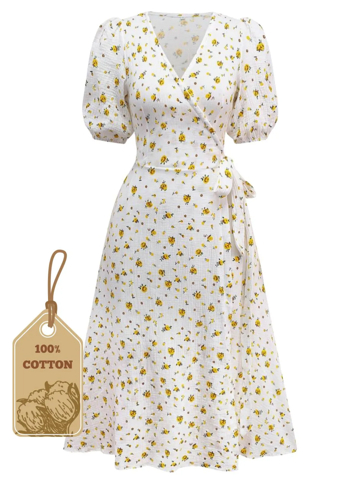 Clearance Retro Stage 1940s Ditsy Floral Cotton Wrap Dress White