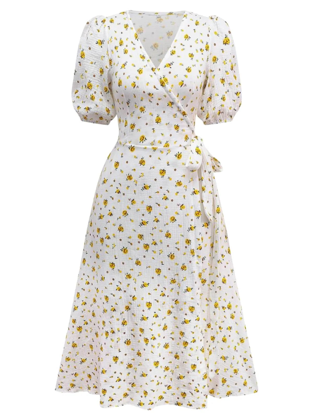 Clearance Retro Stage 1940s Ditsy Floral Cotton Wrap Dress White