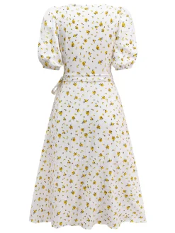 Clearance Retro Stage 1940s Ditsy Floral Cotton Wrap Dress White