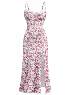 Discount Retro Stage 1940s Ditsy Floral Rose Slit Slip Dress White