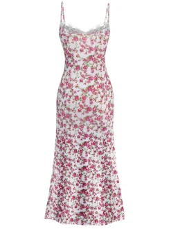 Discount Retro Stage 1940s Ditsy Floral Rose Slit Slip Dress White