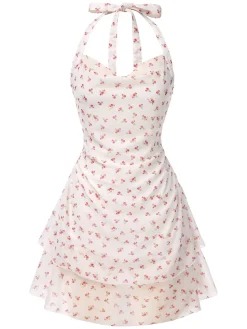 Outlet Retro Stage 1960s Ditsy Floral Sweetheart Halter Dress White