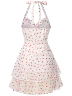 Outlet Retro Stage 1960s Ditsy Floral Sweetheart Halter Dress White
