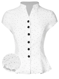 Best Retro Stage 1930s Dots Pleated Hem Smocked Blouse White