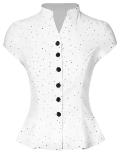 Best Retro Stage 1930s Dots Pleated Hem Smocked Blouse White