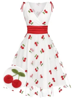New Retro Stage 1950s Embroidered Cherry Mesh Dress White