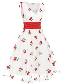New Retro Stage 1950s Embroidered Cherry Mesh Dress White