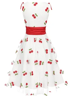 New Retro Stage 1950s Embroidered Cherry Mesh Dress White