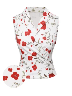 Best Retro Stage 1930s Floral Asymmetric Lapel Top White