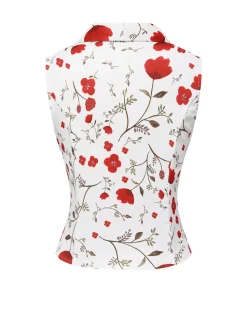 Best Retro Stage 1930s Floral Asymmetric Lapel Top White