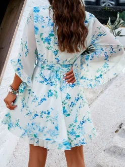 Best Retro Stage 1960s Floral Chiffon V-Neck Dress White
