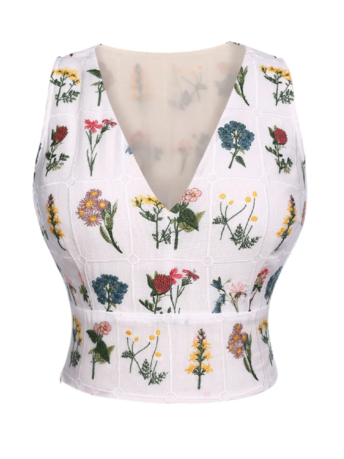 Clearance Retro Stage 1950s Floral Embroidery Crop Top White