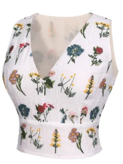 Clearance Retro Stage 1950s Floral Embroidery Crop Top White
