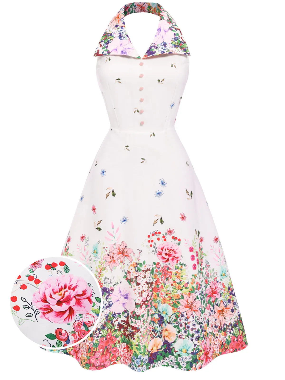 Best Retro Stage 1940s Floral Lapel Patchwork Dress White