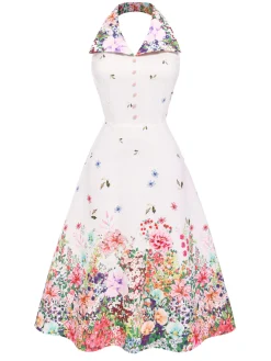Best Retro Stage 1940s Floral Lapel Patchwork Dress White