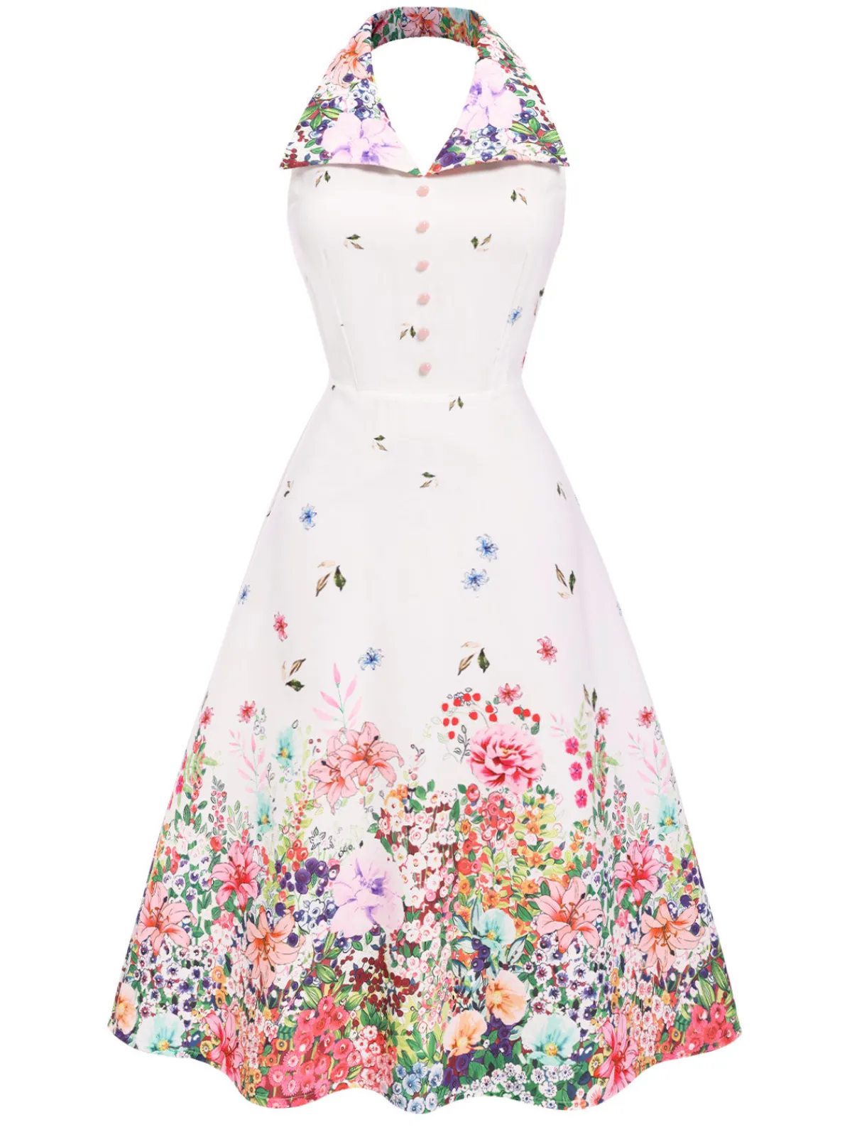 Best Retro Stage 1940s Floral Lapel Patchwork Dress White